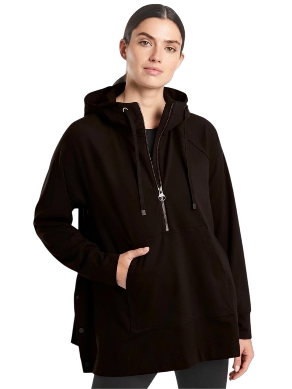 Athleta Glacier Handkerchief Poncho Hoodie Black Half Zip XS